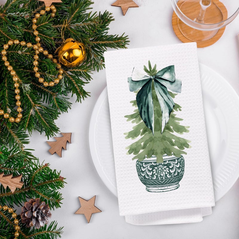 SPBL&L Christmas Kitchen Towels,Green Bow Coquette Xmas Tree Dish Towels for Kitchen Bathroom, Green Christmas Hand Towels for Kitchen,Set of 2 Grandmillennial Decor,16x24 Inches - Image 4